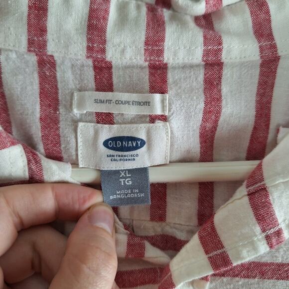 Vintage Linen Blend Old Navy Stripe Red Ivory Button Down Slim Fit XL - Picture 2 of 6